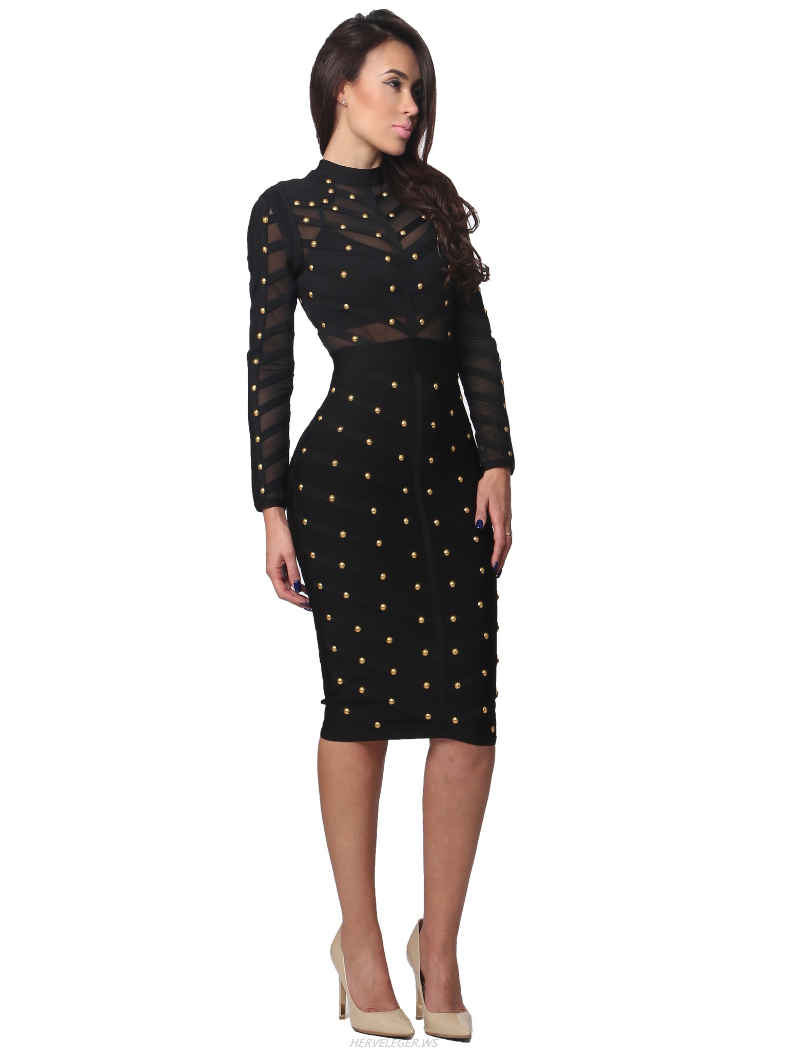 Herve Leger Nikoleta Black Studded Long Sleeve Mesh and Dress