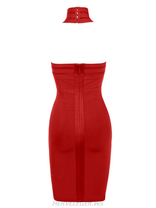 Herve Leger Red Andrea Halter Dress