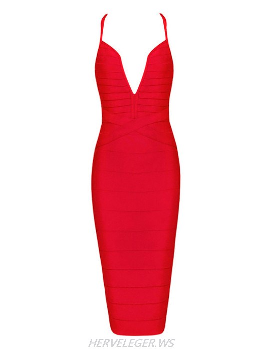 Herve Leger Red Parker Low Neck Dress